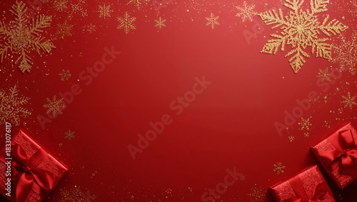 Holiday Decorations Featuring Gifts and Snowflakes on a Bright Red Background...