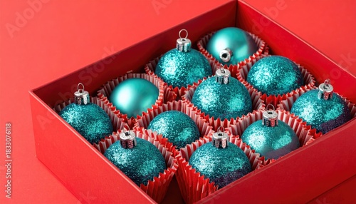 Red Gift Box with Blue Christmas Ornaments Flat Lay