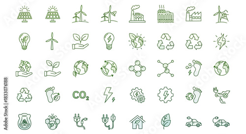 Collection of green line art icons representing renewable energy sources and environmental sustainability concepts