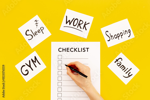 Wallpaper Mural Hand writes in Checklist and many paper cards with hand drawing of different life activities, top view. Life balance and planning concept. Torontodigital.ca