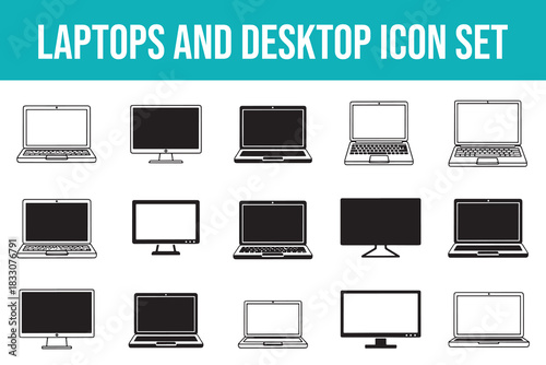 Black and White Laptops and Desktop Computers Icon Set