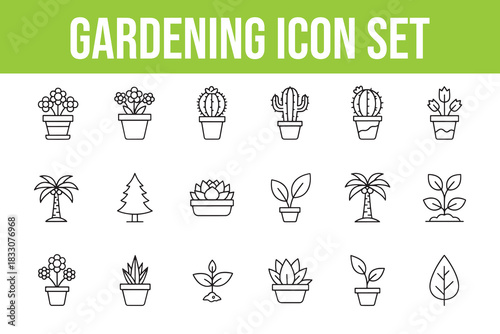 Gardening Icon Set With Potted Plants and Cacti flower