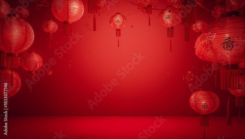 Bright Red Lanterns Create a Festive Atmosphere for Celebrations or Events in...