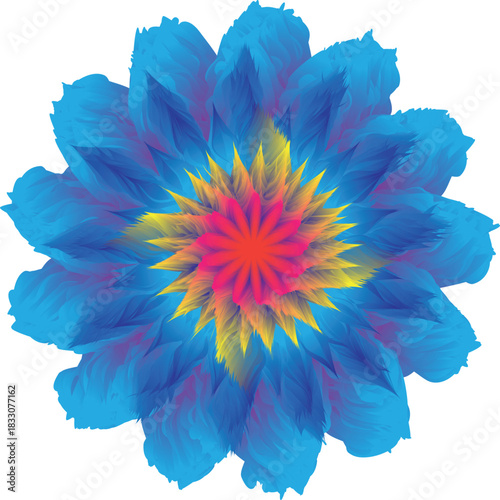A vibrant blue flower with a yellow and red center, isolated on, showcasing intricate petal details and a captivating radial symmetry in its design
