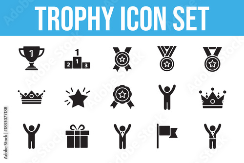 Trophy and Award Icon Set on White Background Keywords: trophy, award, medal, winner, champion