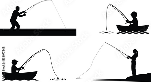 Silhouette fishing collection angler casting rod boat water