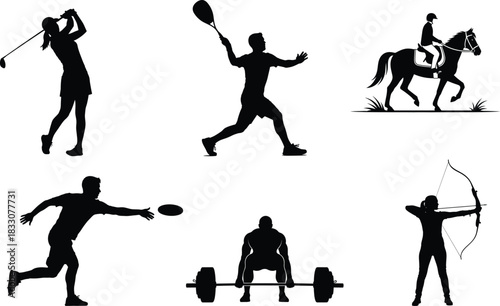 Silhouetted sports figures in various activities and poses