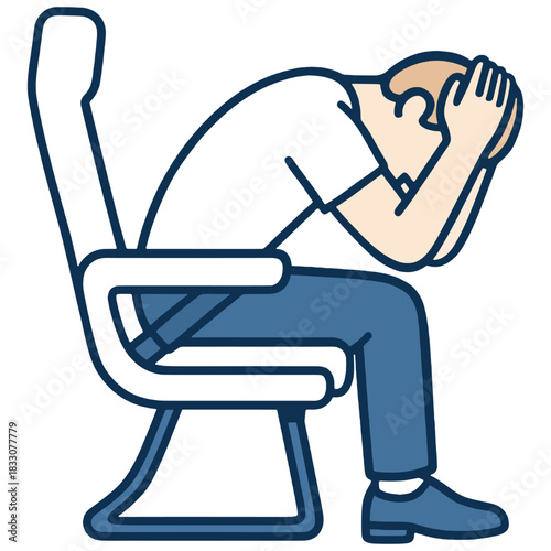 Airplane Brace Position Safety a passenger seated in an airplane demonstrating the brace position, with the person leaning forward and covering their head for safety during an emergency landing