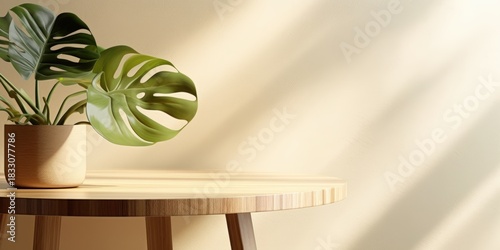 A serene indoor scene featuring a wooden table with a potted Monstera plant, illuminated by soft natural light against a light-colored wall.