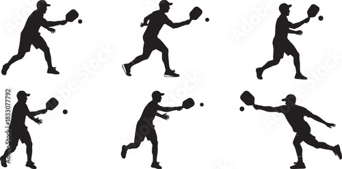 Vector Set of Pickleball Player Action Silhouettes in Various Hitting Poses
