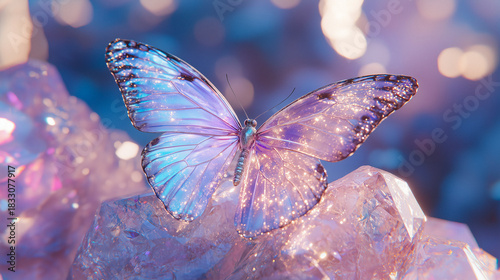 Surreal depiction of a fairy butterfly with glowing crystal wings perched on a pink diamond, ethereal gradients and mystical atmosphere, palette of spectral violet, radiant emerald, dreamcore design