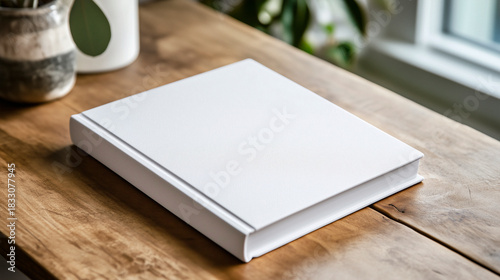 Surreal mockup of an A5 white hardcover book glowing softly on a rustic wooden table, ethereal gradients and mystical atmosphere, palette of spectral indigo, luminous pearl, and radiant cyan