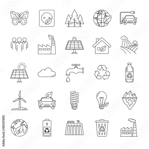 Collection of eco friendly icons representing sustainability conservation renewable energy and environmental protection concepts