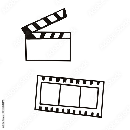 Black and white minimalist illustration of classic clapperboard and film strip icons for cinema, video production, and editing themes