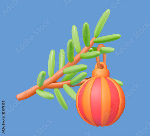 3D Christmas bauble on pine branch