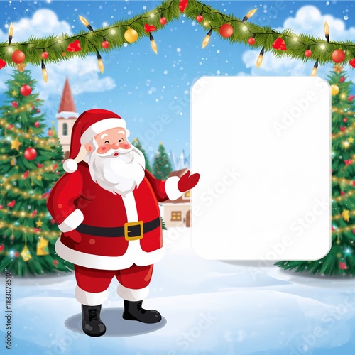 Cheerful Santa Claus Standing in a Snowy Winter Landscape With Christmas Tree...