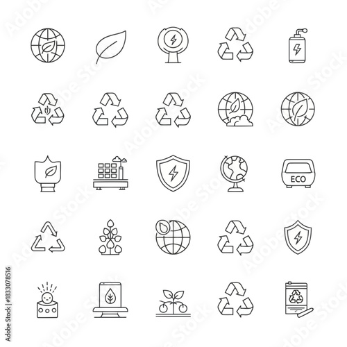 Collection of eco friendly and sustainable energy icons representing environmental protection and renewable power sources