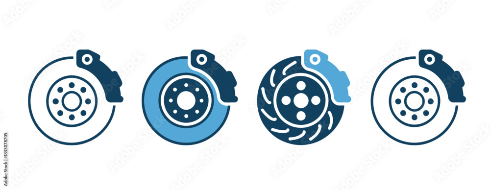 Fototapeta premium A set of four stylized icons representing car brake discs and calipers on a white background.