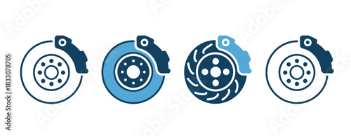 A set of four stylized icons representing car brake discs and calipers on a white background.