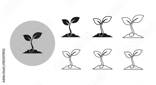 Set of seedling growth icons showing different styles of sprouts emerging from soil and seed for concepts of new life and agriculture