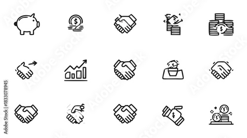 Business and Finance Vector Line Icons Set. Modern collection of money, investment, growth, handshake, transaction, and payment symbols.