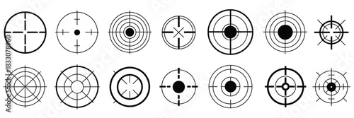 Set of target destination icons featuring aim sniper graphics, focus cursors, bullseye marks, gun sight crosshairs, and sniper rifle targets, ideal for marketing aim design, goal visuals, 
