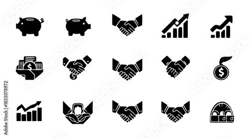 Financial and Business Icons Set with Piggy Bank, Handshake, Growth Charts, and Money Symbols. Investment and Saving Concepts.