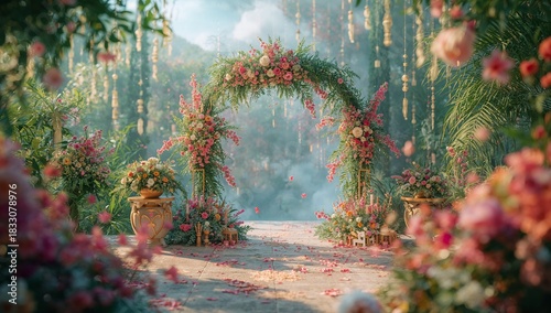 Beautiful Floral Arch at a Serene Outdoor Wedding Venue Surrounded by Lush Gr...