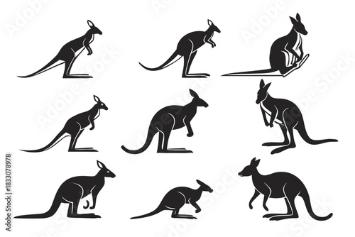 Minimalist eastern grey kangaroo icon set in multiple colors