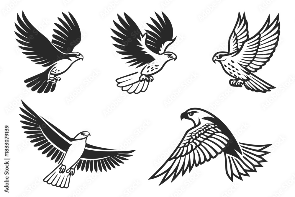 Obraz premium Minimalist falcon icon set with spread wings