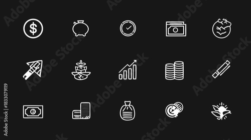 Financial and Business Line Icons Set. Collection of Outline Symbols for Economy, Investment, Banking, Growth, and Success Concepts.