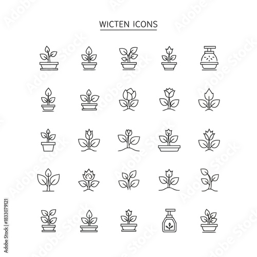 Collection of outline icons representing various stages of plant growth and gardening tools for a healthy botanical environment