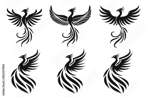 Minimalist fantasy phoenix bird icon set