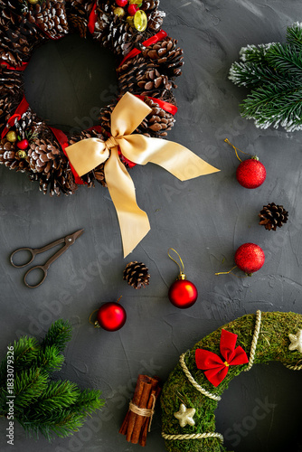 Wallpaper Mural Christmas wreath with accessories, top view. New Year DIY decoration Torontodigital.ca