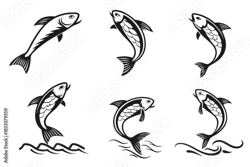 Minimalist flying fish icon set with bold colors