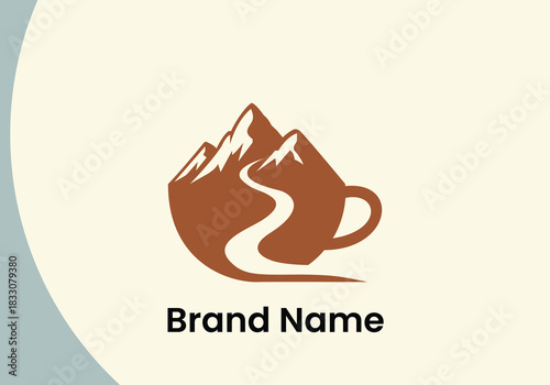 Mountain coffee cup logo design with winding path representing adventure and journey, perfect for cafe or outdoor brand identity