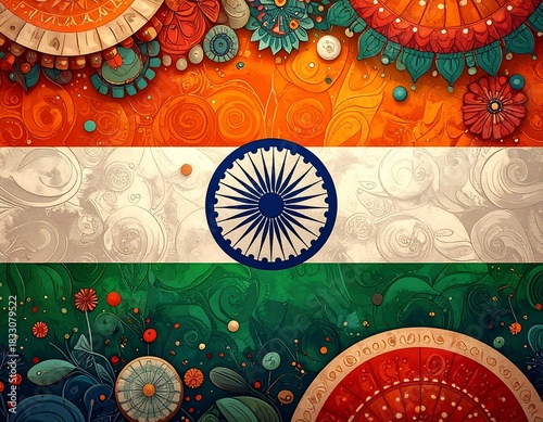 Decorative Indian flag artwork, showcasing intricate floral & geometric patterns in saffron, white, & green hues