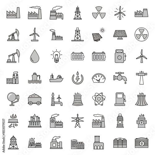 Collection of industrial and energy icons representing power generation and resource extraction