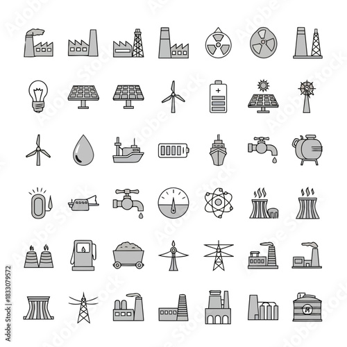 Collection of stylized icons representing various forms of energy production and industrial infrastructure including factories and renewable sources