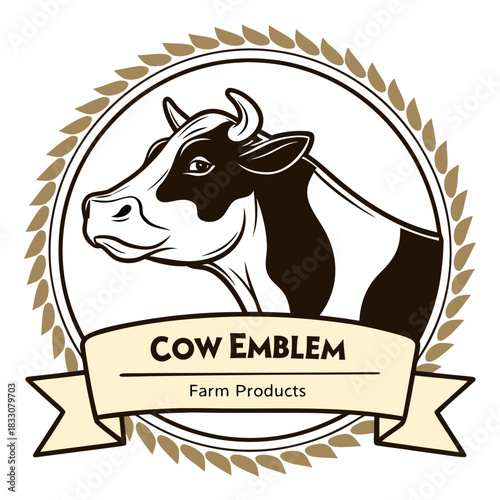 Stylized cow emblem for farm products and dairy branding