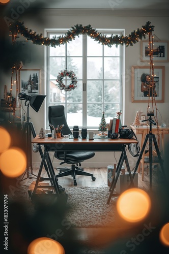 Cozy Winter Workspace Decorated for the Holidays With a Focus on Creativity a...
