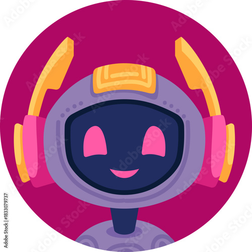Cute robot icon with friendly face and antenna. Perfect AI chatbot avatar for digital assistant apps, tech support interfaces, and virtual communication platforms.

