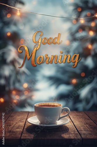 Morning Coffee on a Wooden Table With Winter Lights in the Background