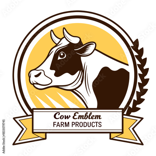 Stylized cow emblem for farm products and dairy branding