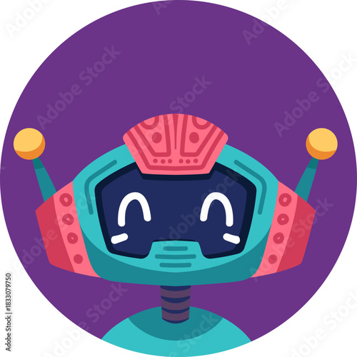 Cute robot icon with friendly face and antenna. Perfect AI chatbot avatar for digital assistant apps, tech support interfaces, and virtual communication platforms.
