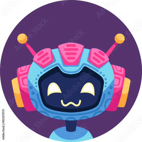 Cute robot icon with friendly face and antenna. Perfect AI chatbot avatar for digital assistant apps, tech support interfaces, and virtual communication platforms.

