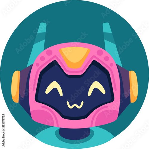 Cute robot icon with friendly face and antenna. Perfect AI chatbot avatar for digital assistant apps, tech support interfaces, and virtual communication platforms.
