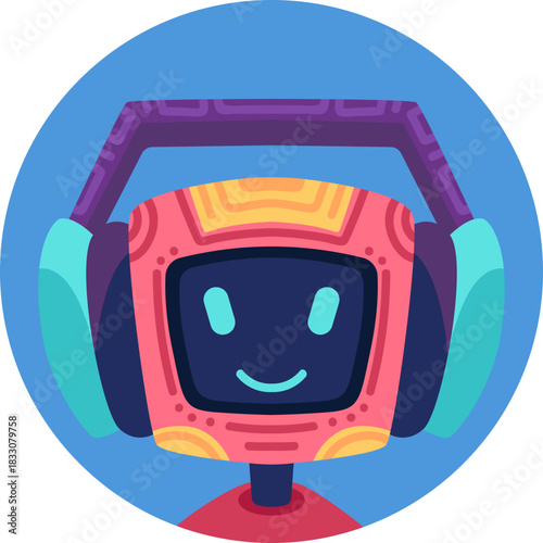 Cute robot icon with friendly face and antenna. Perfect AI chatbot avatar for digital assistant apps, tech support interfaces, and virtual communication platforms.
