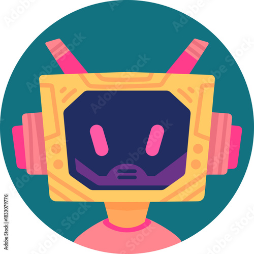 Cute robot icon with friendly face and antenna. Perfect AI chatbot avatar for digital assistant apps, tech support interfaces, and virtual communication platforms.

