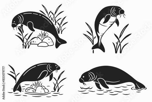 Minimalist dugong grazing icons set